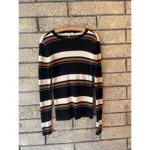 Frame Black & Beige Striped Ribbed Knit Long Sleeve Sweater L/G